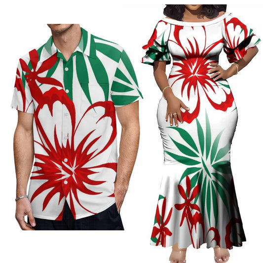 Polynesian Island Outfit Couple For Her Him Short Sleeve Mermaid Long Dress And Hawaii Shirt Matching Outfit For Couple