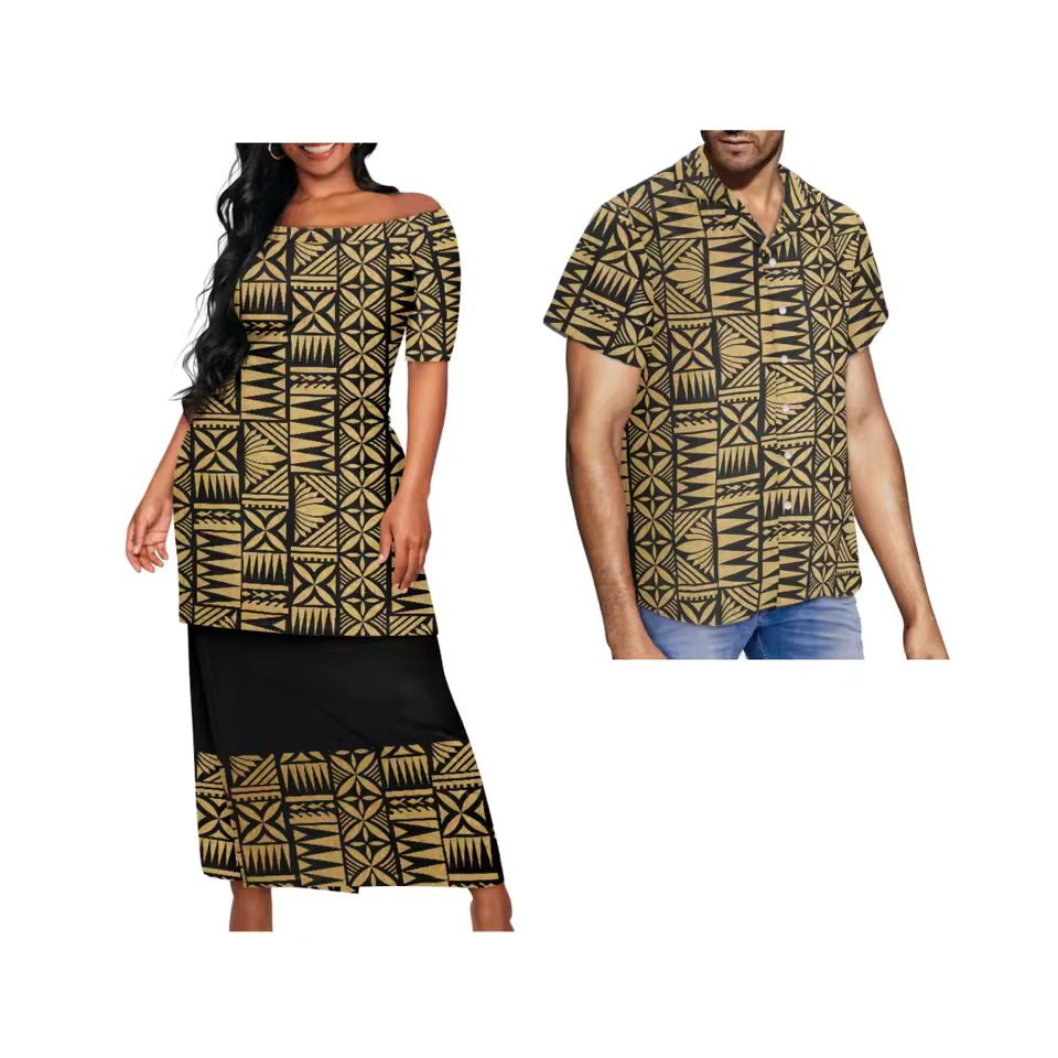 Samoa Couple Set Polynesian Tribal Pattern Printed Matching Outfit For Couple Traditional Puletasi Dress And Shirt