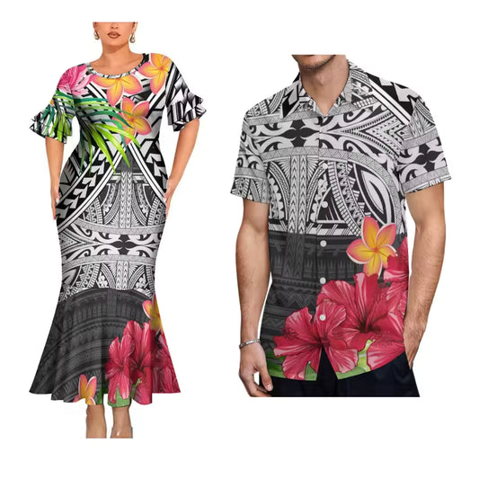 Polynesian Island Matching For Couple Outfit Polynesian Flowers Pattern Women'S Short-Sleeved Dress Party Hawaiian Shirt For Men