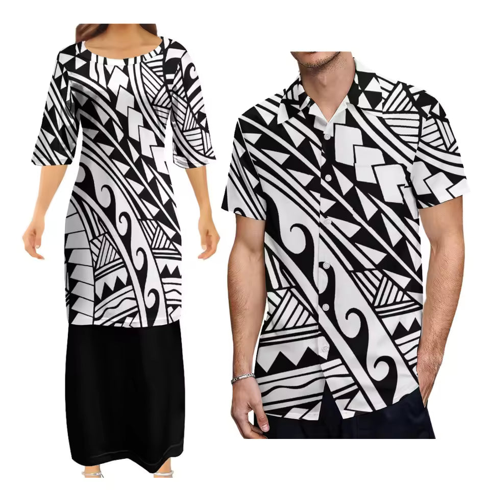 Black White Matching Couple Outfit Polynesian Tribal Pattern Dress Samoan Puletasi Dress Two-Piece Suit With Men's Shirt Couple Suit