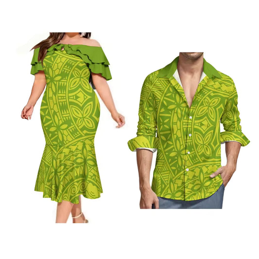 Polyensian Tribal Green Pattern Matching Couple Outfit Women's Teardrop Neck Ruffle Neck Ruffled Long Dress Men'S Tropical Shirt