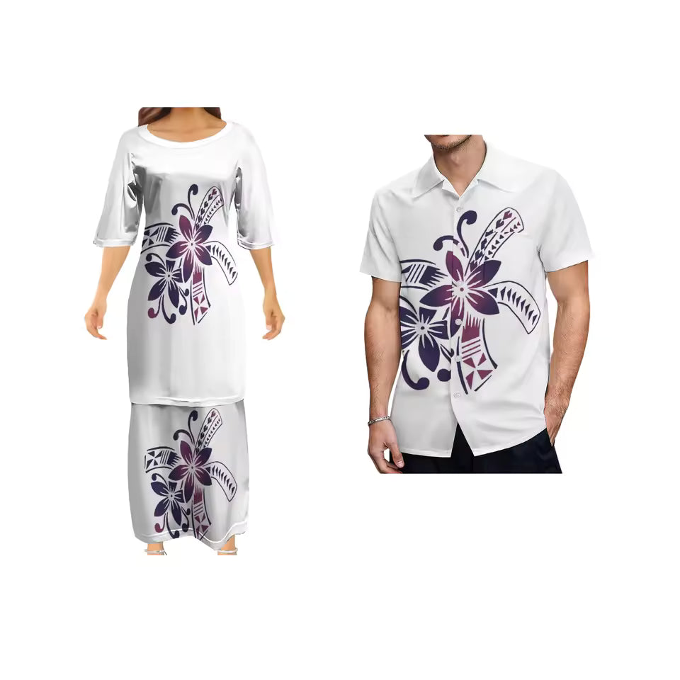 Flowers Polynesian Tribal Pattern White Couple Matching Outfit Shirts for Men Puletasi Traditional Dress Couple Set