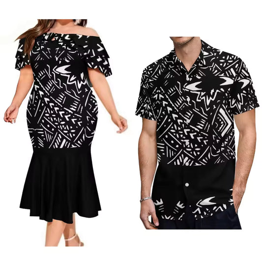 Black Polynesian Summer Matching Outfit For Couple Polynesian Tropical Pattern Printed Blue Ruffled Fishtail Dress And Hawaiian Shirt Matching Set