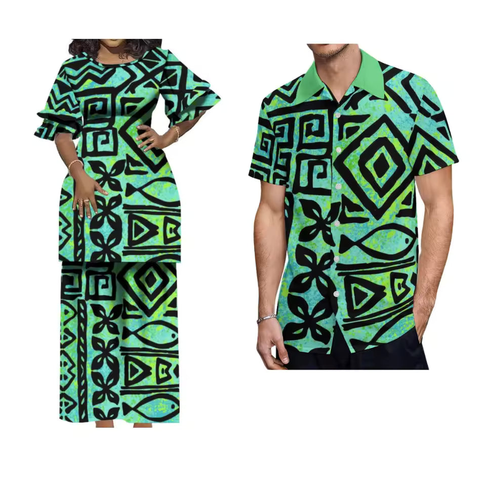 Polynesian Pattern Green Matching Outfit For Couple Crewneck Casual Puletasi Double layer Horn Sleeve Dress and Hawaii Shirt Island Couple Set