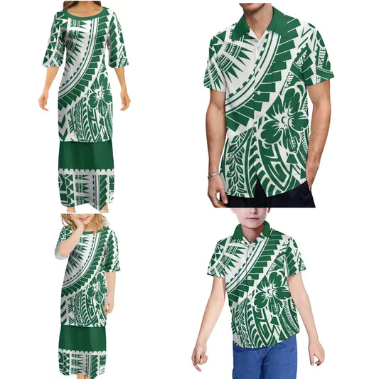 Green Hibiscus Flowers Pattern Polynesian Tribal Printed Family Set Women's Puletasi Men'S Shirt Adult Children Tropical Matching Outfit For Family Clothing
