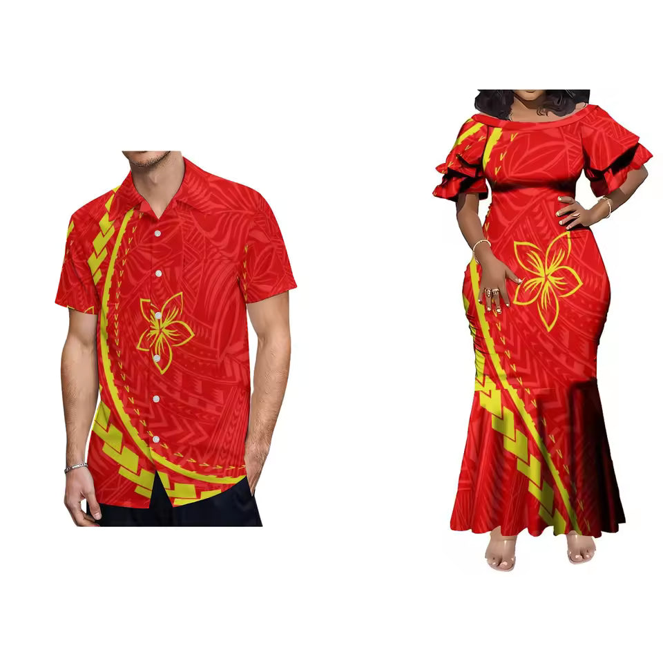 Traditional Polynesian Tribal Red Pattern Matching Outfit For Couple Island Matching Outfit Short Sleeve Mermaid Long Dress And Hawaii Shirt Couple Set