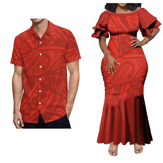 Red Pacific Island Polynesian Tribal Pattern Matching Outfit For Him Her Women'S Short-Sleeved Mermaid Dress Party Men Shirt Couple Set