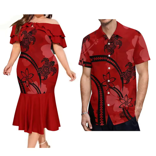 Polynesian Islands Floral Turtle Pattern Couple Set Printed Ruffled Fishtail Dress And Hawaiian Shirt Matching Ourfit For Couple