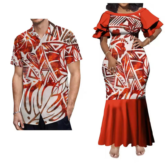 Pacific Island Polynesian Tribal Hibiscus Flowers Red Matching Outfit For Him Her Women'S Short-Sleeved Mermaid Dress Party Men Shirt Couple Set