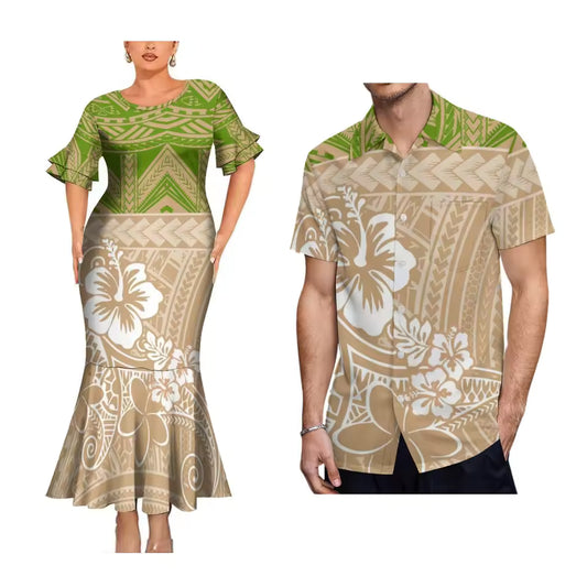 Polynesian Pattern Hibiscus Couple Matching Outfit Polynesian Tribal Printed Short Sleeve Mermaid Long Dress And Hawaiian Shirt