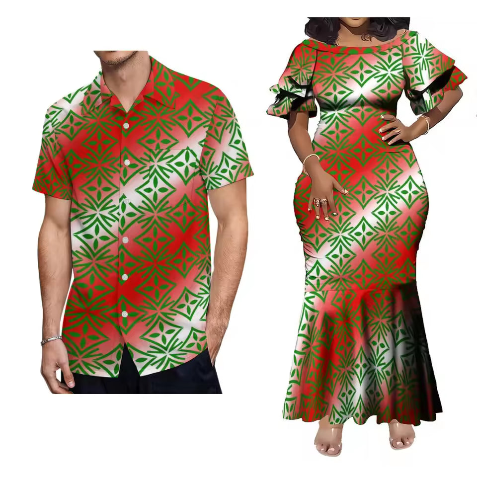 Polynesian Pattern Outfit Couple For Her Him Short Sleeve Mermaid Long Dress And Hawaii Shirt Matching Outfit For Couple