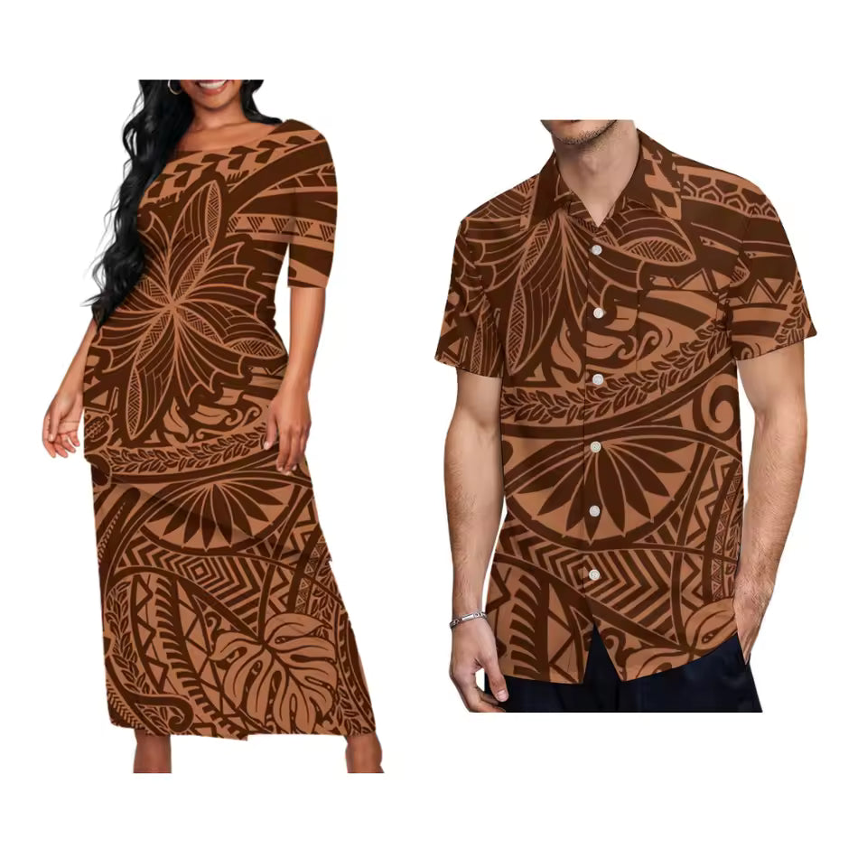 Polynesian Tribal Pattern Matching Outfit For Couple Traditional Puletasi Dress And Hawaiian Shirts Couple Set For Her Him