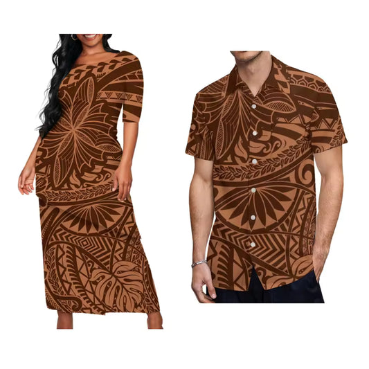 Polynesian Tribal Pattern Matching Outfit For Couple Traditional Puletasi Dress And Hawaiian Shirts Couple Set For Her Him