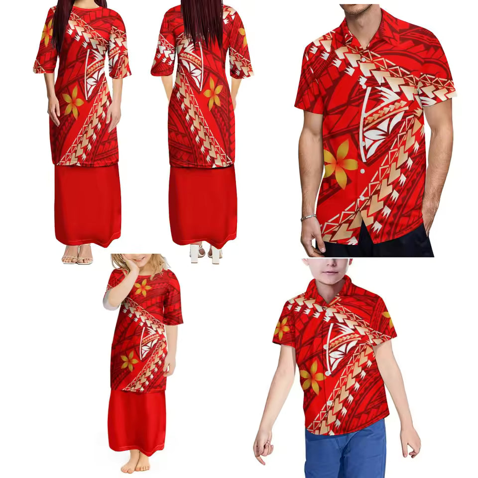 Pacific Island Design Samoan Women'S Crew Neck Dress Puletasi Suit And Men'S Shirt Boys Girls Dress Matching Outfit For Family