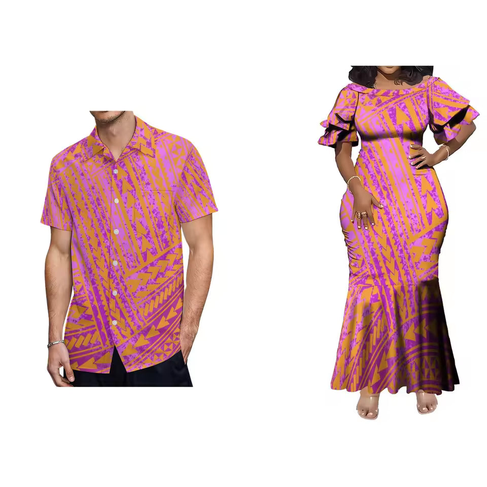 Pink Polynesian Tribal Pattern Printed Matching Outfit For Couple Women'S Short-Sleeved Mermaid Dress Party Men's Hawaiian Shirt
