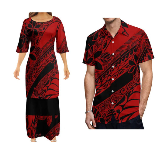 Red Flowers Polynesian Tribal Pattern Outfit For Couple Polynesian Puletasi Dress And Hawaiian Shirts Set For Her Him
