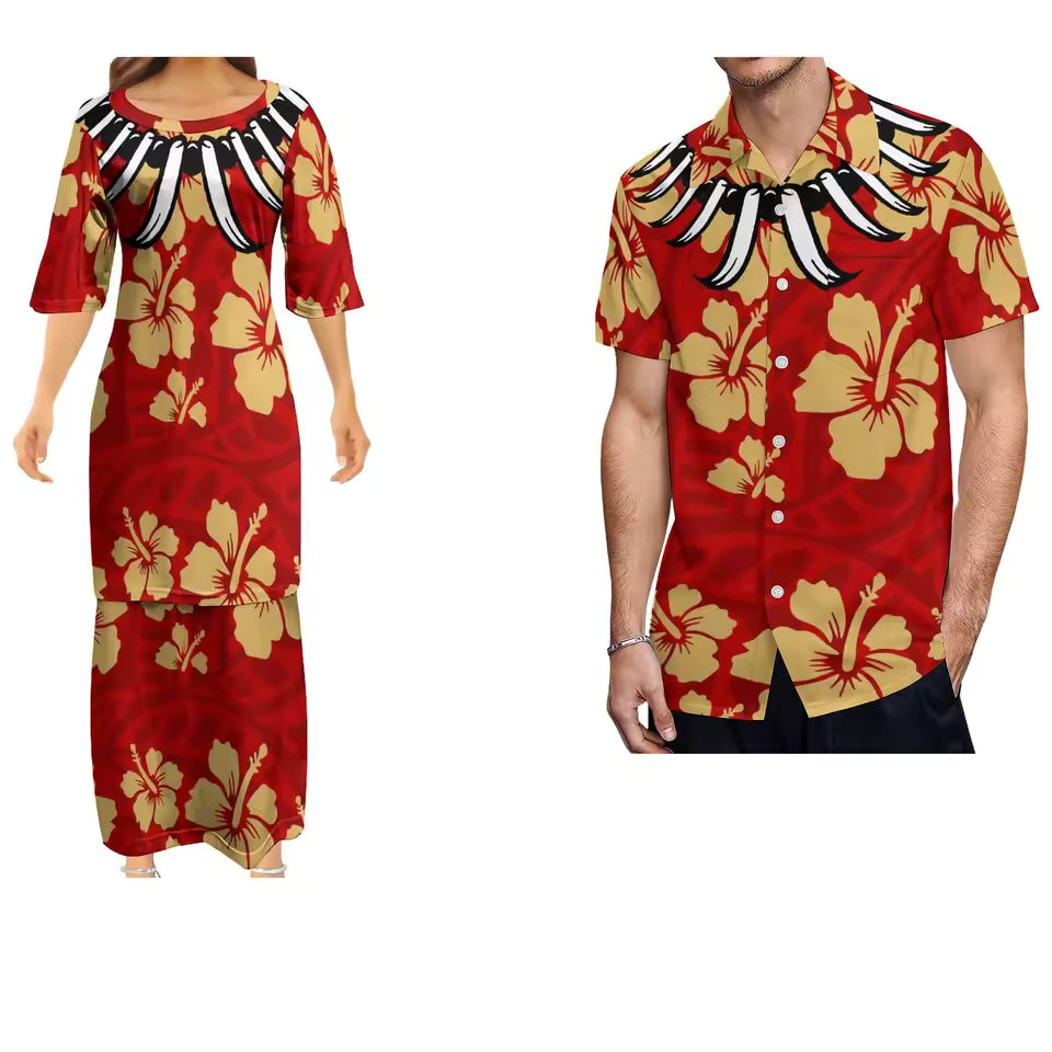 Flowers Pattern Women's Dress Men's Shirt Couple Suit Samoan Necklace Polynesian Matching Outfit For Couple