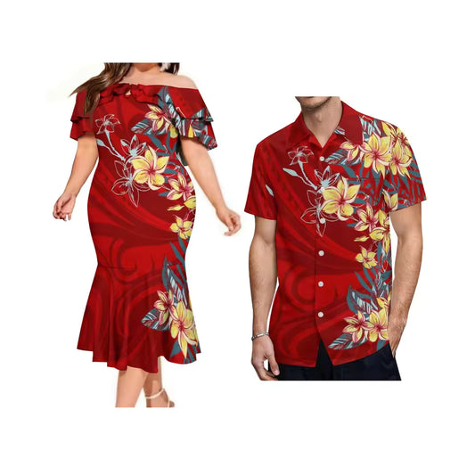 Polynesian Tribal Pattern Matching Outfit For Couple Red Flowers Printed Ruffled Fishtail Dress And Hawaiian Shirt Set