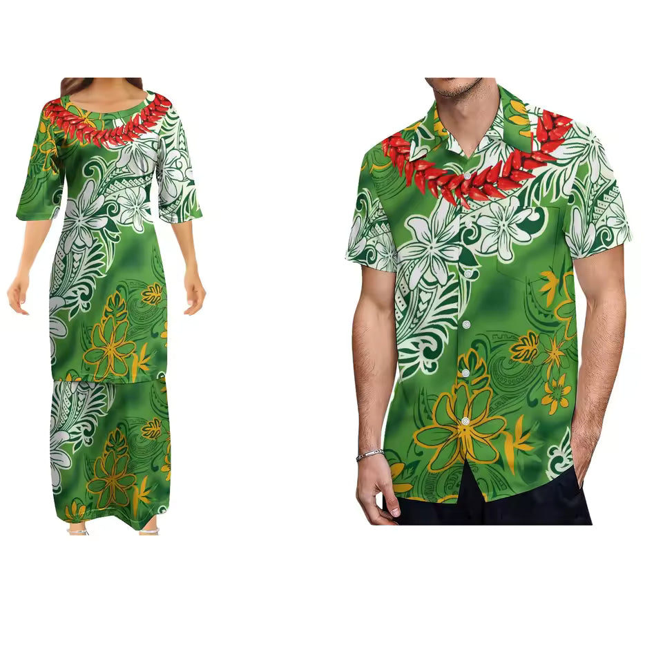 Polynesian Tropical Flowers Pattern Printed Matching Outfit For Couple Women's Dress Polynesian Vintage Grain Ula Nifo Print Samoan Necklace Party Evening Couple Shirt Set