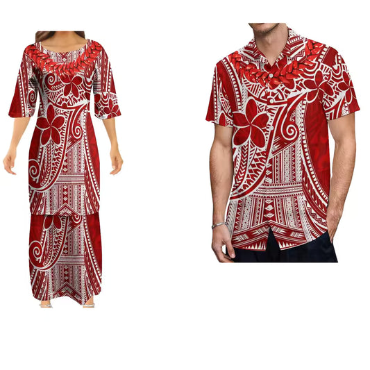 Matching Outfit For Couple Women's Dress Polynesian Vintage Grain Ula Nifo Print Samoan Necklace Party Evening Couple Shirt Set