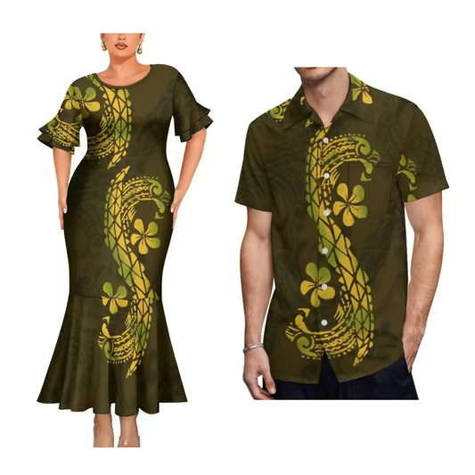 Polynesian Flowers Pattern Couple Matching Outfit Polynesian Tribal Printed Short Sleeve Mermaid Long Dress And Hawaiian Shirt