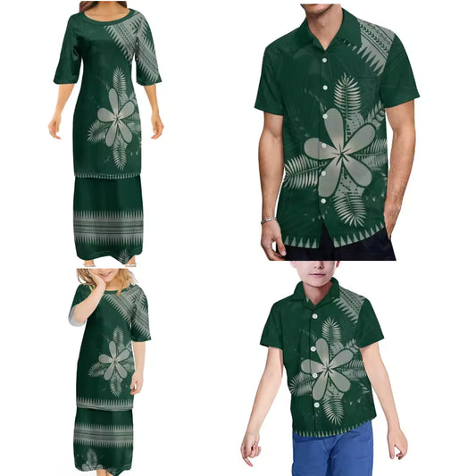 Polynesian Tribal Pattern Printed Family Set Women's Puletasi Men'S Shirt Adult Children Tropical Matching Outfit For Family Clothing
