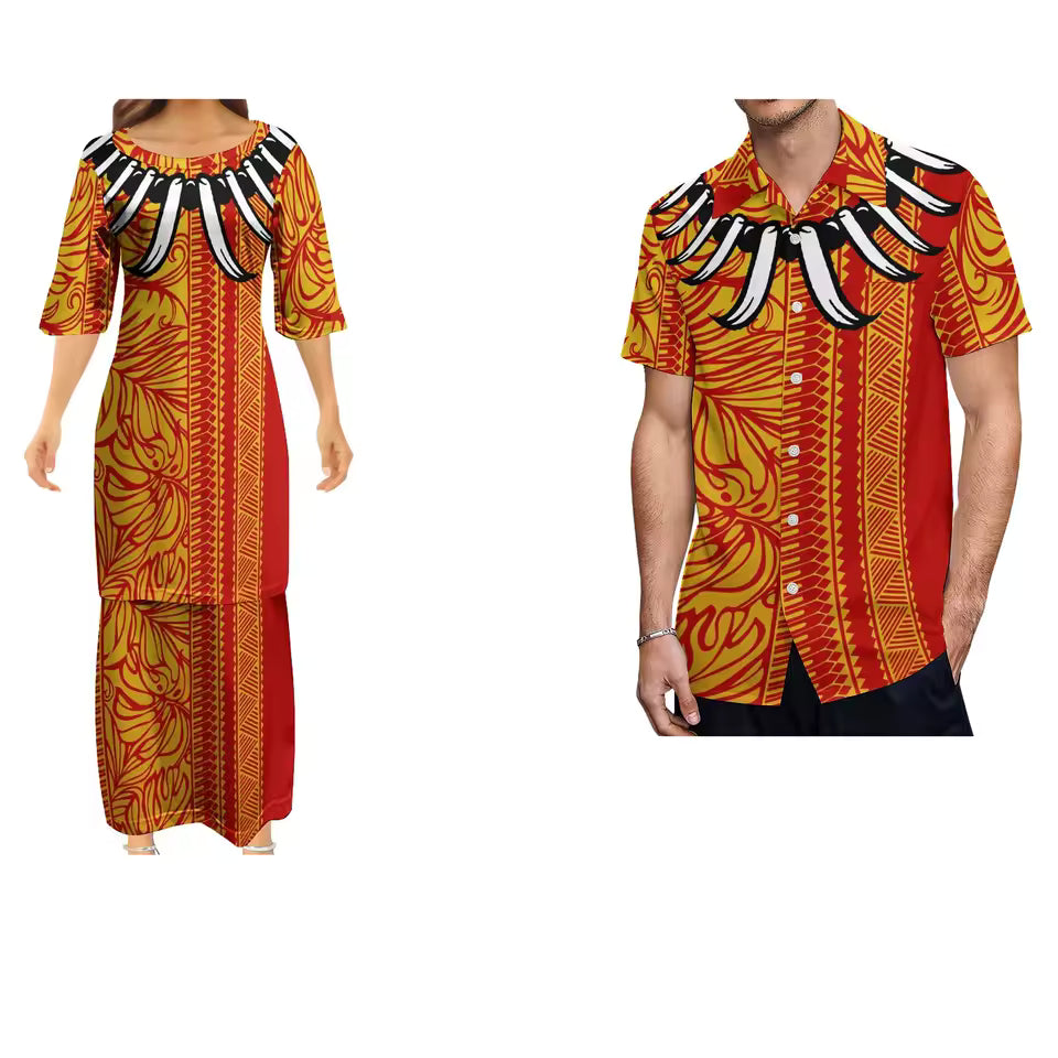 Polynesian Pattern Red Matching Outfit for Couple Women's Dress Men's Shirt Couple Suit Samoan Necklace Polynesian Couple Set