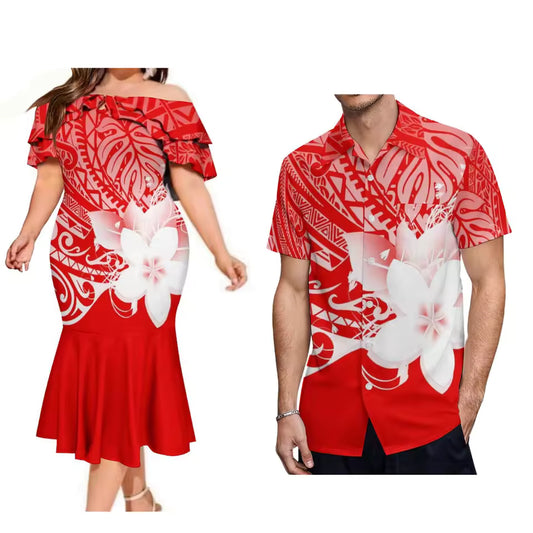 Polynesian Islands Samoa Red Floral Couple Matching Outfit For Family Dress Purple Polynesian Pattern Ruffled Dress And Hawaiian Shirt For Him