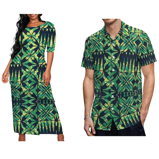 Polynesian Tribal Pattern Printed Green Couple Matching Outfit Island Puletasi Dress Two-Piece Suit With Men's Shirt Matching Set