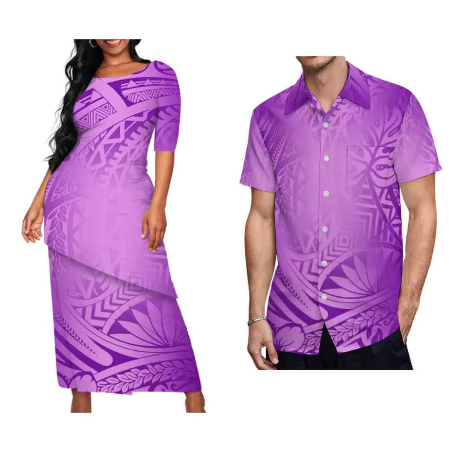 Polynesian Tribal Pattern Purple Matching Outfit For Couple Puletasi Dress Polynesian Pattern Shirts Couple Set