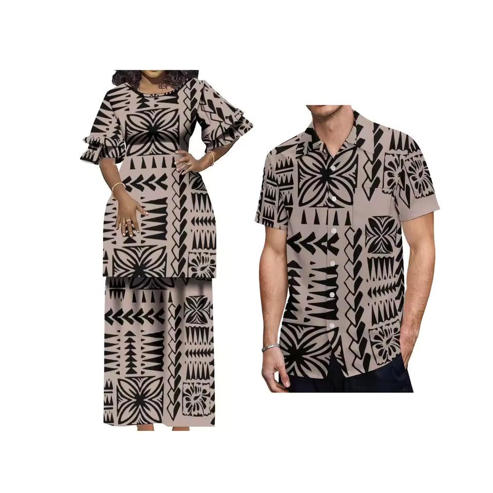 Polynesian Tribal Printed Matching Outfit For Her Him Polynesian Tribal Crewneck Casual Island Puletasi Double layer Horn Sleeve Dress and Hawaii Shirt