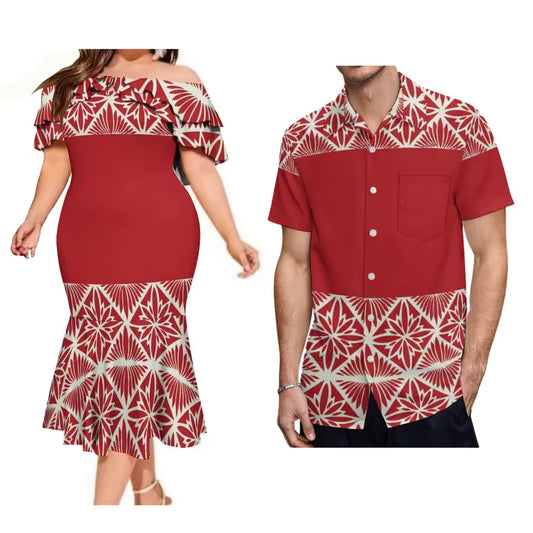 Red Polynesian Tribal Pattern Couple Set Printed Ruffled Fishtail Dress And Hawaiian Shirt Matching Ourfit For Couple
