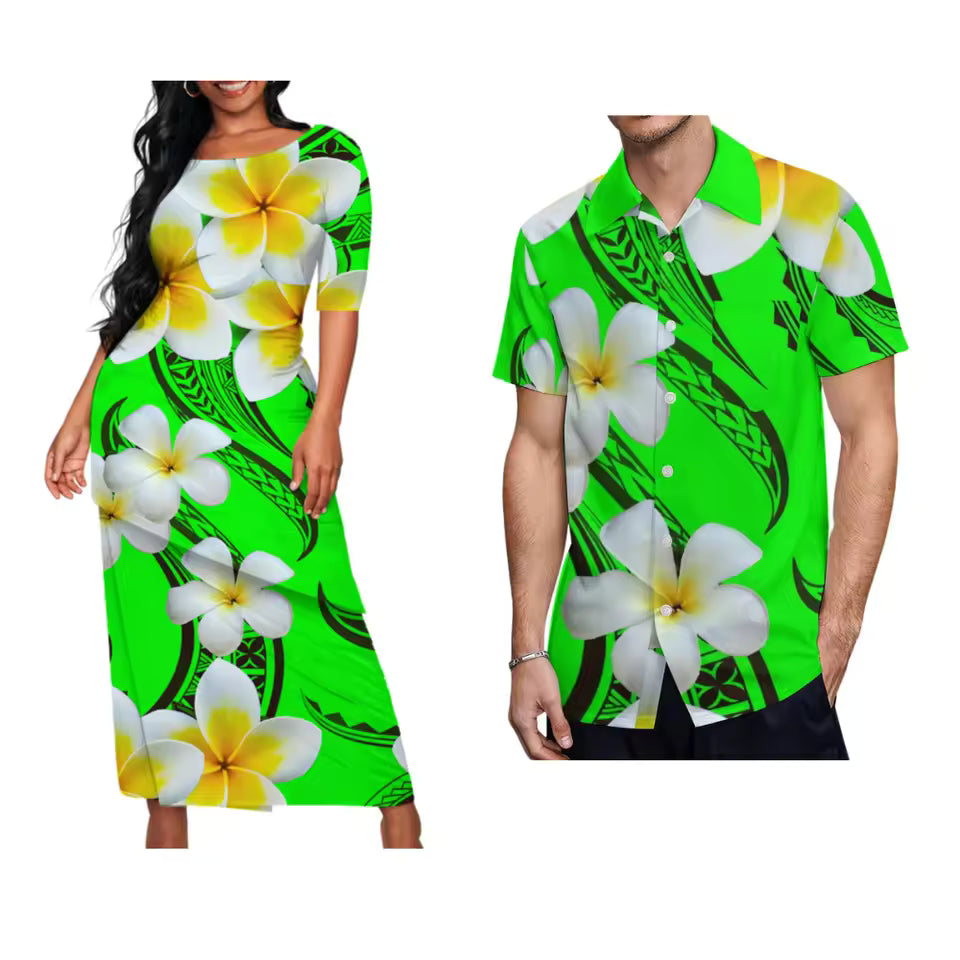 Polynesian Plumeria Flowers Matching Couple Outfit Traditional Puletasi Dress And Hawaiian Shirts Party Couple Set For Her Him