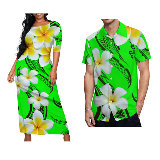 Polynesian Plumeria Flowers Matching Couple Outfit Traditional Puletasi Dress And Hawaiian Shirts Party Couple Set For Her Him