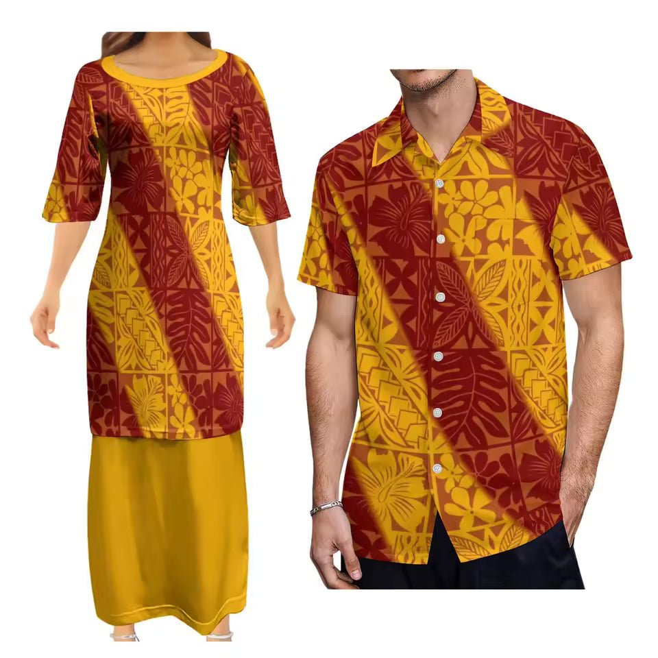 Polynesian Tribal Pattern Yellow Dress Samoan Puletasi Dress Two-Piece Suit With Men's Shirt Couple Suit