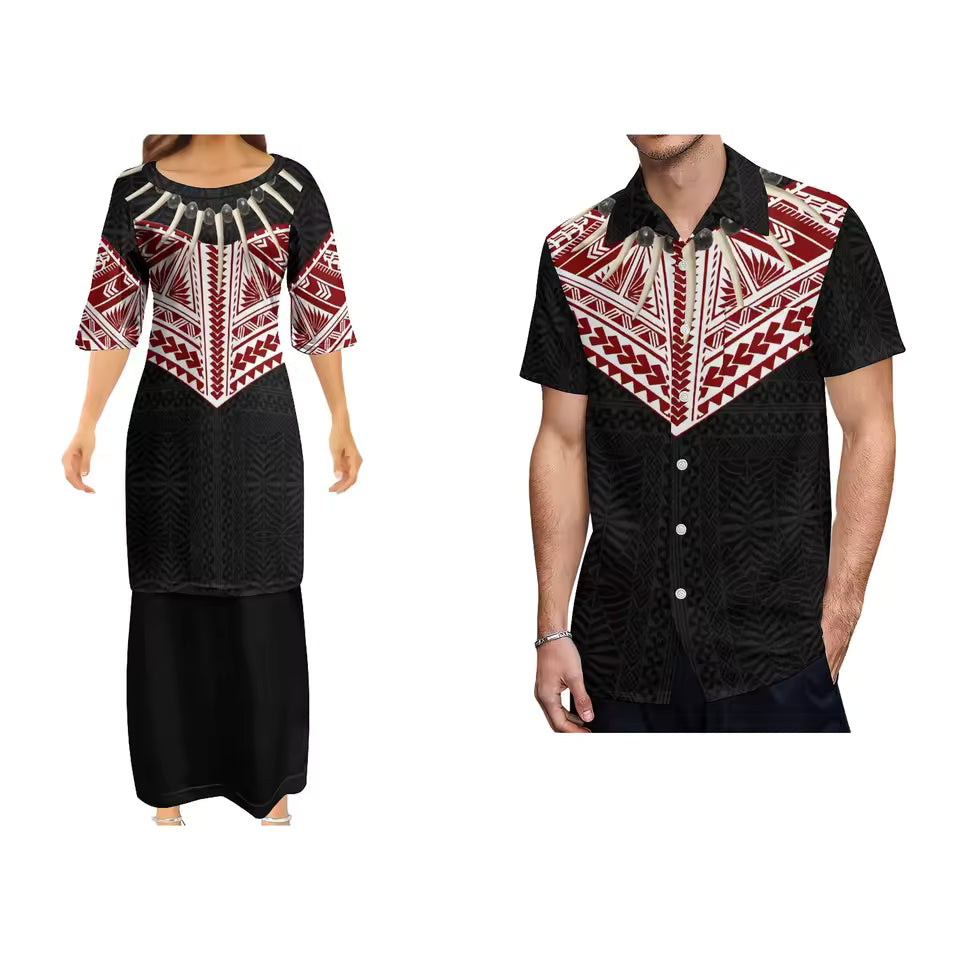 Samoan Necklace Ula Nifo Polynesian Pattern Black Matching Outfit For Couple Polynesian Puletasi Dress And Hawaiian Shirts Couple Set