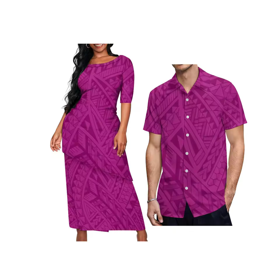 Polynesian Tribal Pattern Couple Matching Outfit For Her Him Printed Samoa Puletasi Dress Two-Piece Suit With Men's Shirt Outfit Set