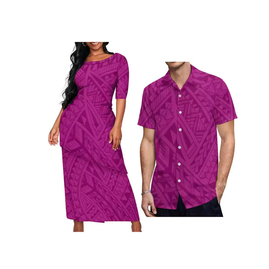 Polynesian Tribal Pattern Couple Matching Outfit For Her Him Printed Samoa Puletasi Dress Two-Piece Suit With Men's Shirt Outfit Set