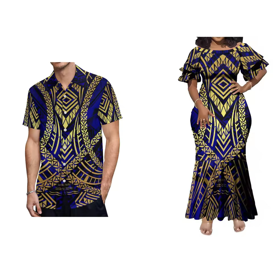 Polynesian Tribal Pattern Printed Couple Set For Her Him Island Matching Outfit Short Sleeve Mermaid Long Dress And Hawaiian Shirt