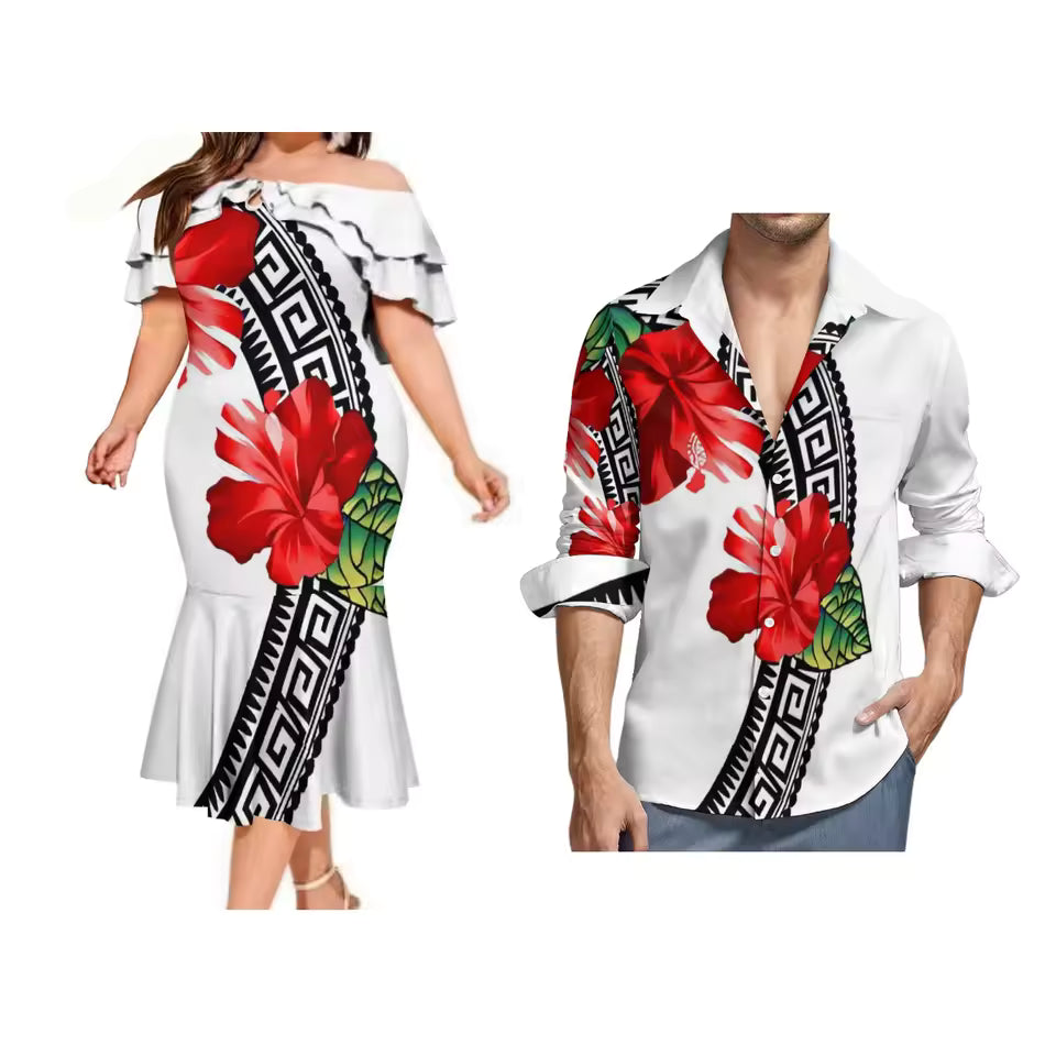 Matching Couple Outfit Women's Teardrop Neck Ruffle Neck Ruffled Long Dress Men'S Polynesian Shirt