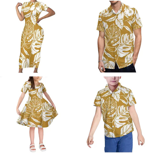 Matching Family Outfits Yellow Leaf Flowers Pattern Body Long Dress For Her And Shirt For Him Girl Dress Kids