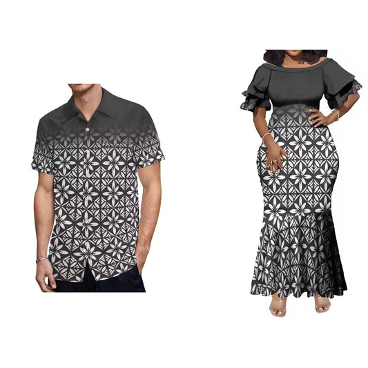 Polynesian Pattern Black White Matching Outfit For Couple Women'S Short-Sleeved Dress Party Men's Hawaiian Shirt