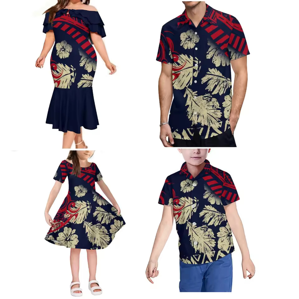 Polynesian Tribal Leaf Pattern Matching Outfit For FamilyTropical Ruffled Long Dress And Shirt For Family Members