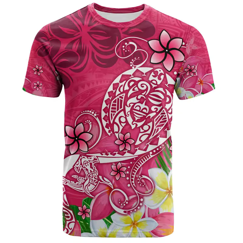 Polynesian Sea Turtle Flowers Pattern T-Shirt Polynesian Tribal Island Pattern Printed Shirt