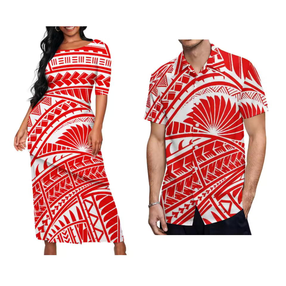 Red Polynesian Tribal Pattern Matching Outfit For Couple Traditional Puletasi Dress And Hawaiian Shirts Couple Set For Her Him