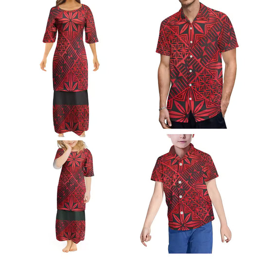 Red Polynesian Tribal Pattern Printed Family Set Ethnic Women's Puletasi Men'S Shirt Adult Children Samoan Matching Outfit For Family Clothing