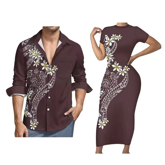 Matching Outfit For Couples Polynesian Plumeria Tight Short Sleeve Dress Style Men Long Sleeve Shirt