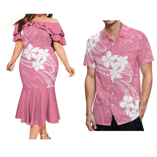 Polynesian Tribe Fishtail Dress Matching Outfit For Couple Polynesian Plumeria Flowers Pattern Printed Dress And Hawaiian Shirt Outfit Set