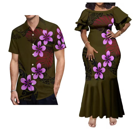 Pacific Island Polynesian Tribal Flowers Pattern Matching Outfit For Him Her Women'S Short-Sleeved Mermaid Dress Party Men Shirt Couple Set