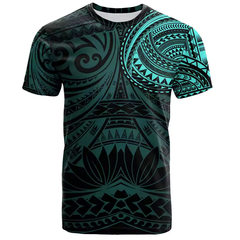 Polynesian T-Shirt Polynesian Tribal Island Pattern Printed Turquoise Shirt